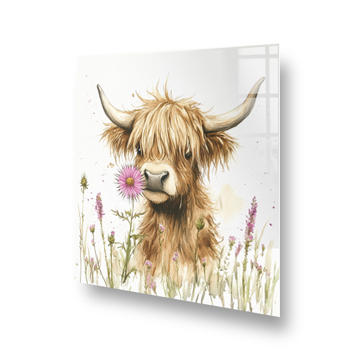 Highland Cow with flowers splashback art in pink, purple, and cream tones. Side View