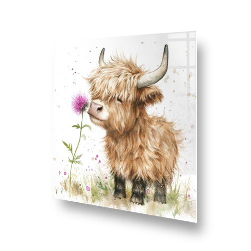 Highland cow with purple thistle splashback art Side View