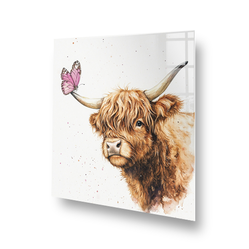 Highland cow with pink butterfly splashback art Side View