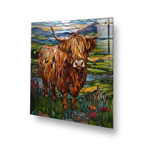 Highland Cow Flowers splashback with vibrant floral and landscape design. Side View
