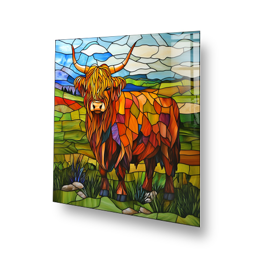 Highland cow stained glass design in vibrant colours splashback Side View