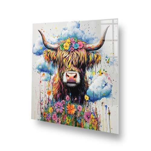 Highland Cow Flowers splashback art with vibrant colours and flowers against a cloud backdrop. Side View
