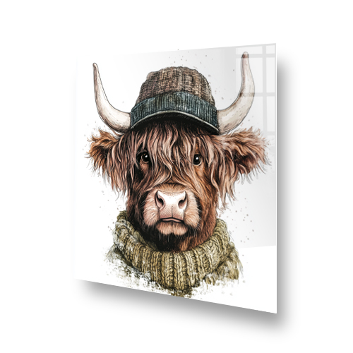 Highland Cow with brown sweater and grey hat splashback art Side View