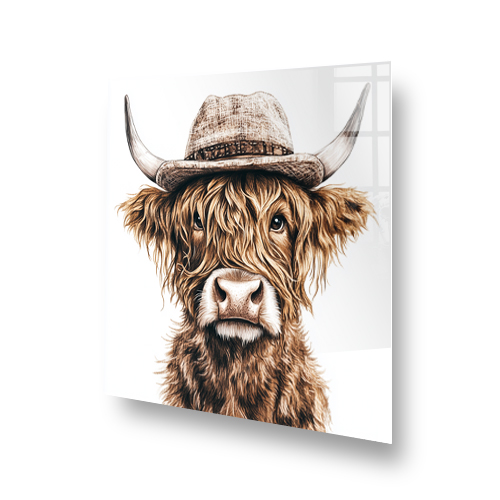 Highland Cow splashback with a cow wearing a hat. Side View