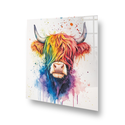 Colourful Spectrum Coo Highland Cows splashback art with vibrant orange, red, pink, blue, and purple design. Side View