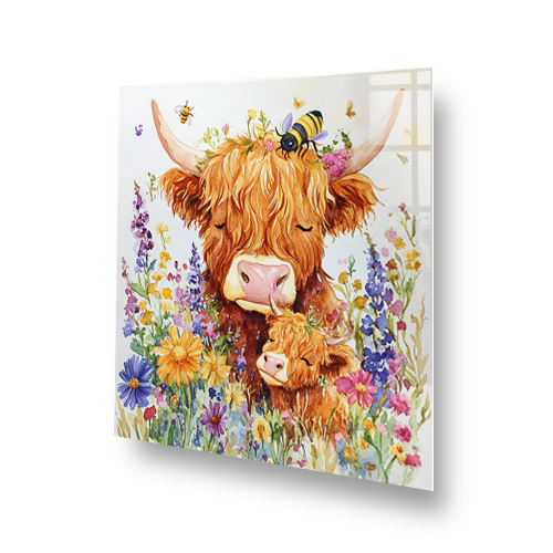 Highland cows with flowers and bees in vibrant colours Side View