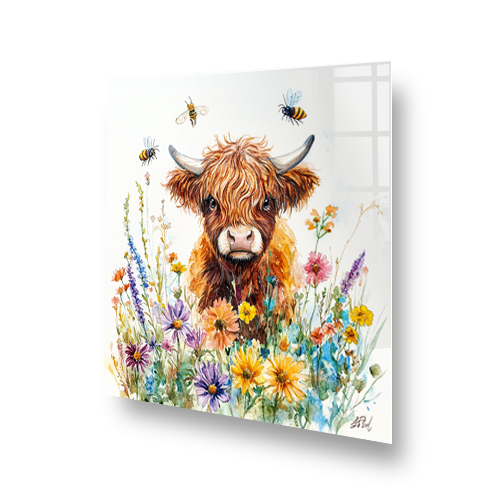 Highland Cows splashback art with "Bee My Coo" design, featuring a cow, wildflowers, and bees in vibrant colours. Side View