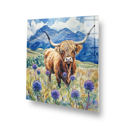 Highland Cow splashback art with purple thistles and mountains Side View