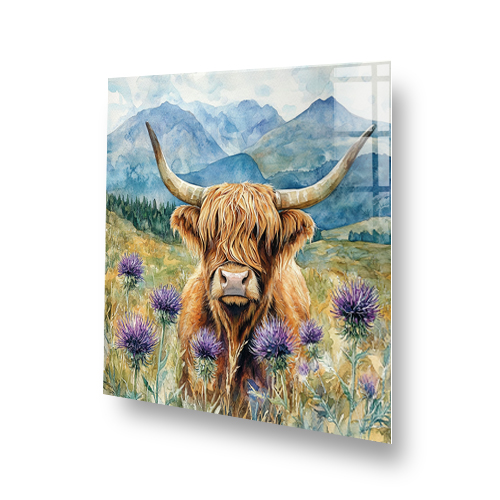 Highland Cow with purple thistles and mountains Side View