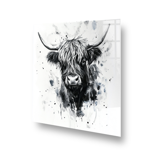 Monochrome Highland Cow splashback art featuring "The Shadow Coo" Side View