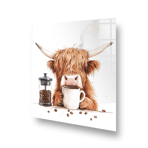 Highland Cow with coffee cup and French press Side View