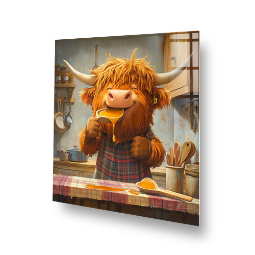 Highland Cow with honey in kitchen splashback art Side View