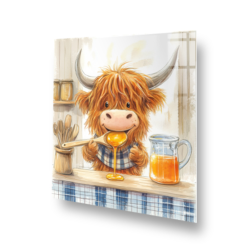Highland Cow enjoying nectar splashback art with warm and cool colour tones. Side View