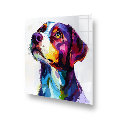 Colourful Labrador Retriever splashback art in vibrant blues, oranges, purples, and yellows. Side View