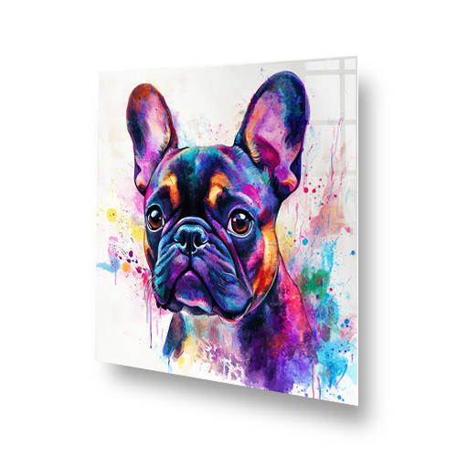 Colourful abstract French Bulldog splashback art with vibrant purples, blues, yellows, and pinks. Side View