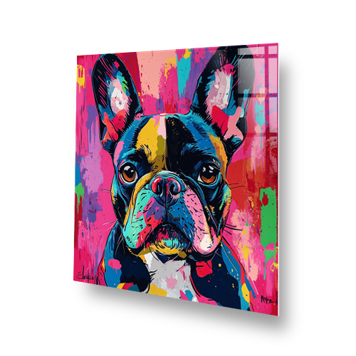 Colourful French Bulldog splashback with graffiti art and vibrant pink, blue, and green shades. Side View