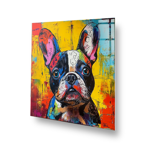 French Bulldog splashback with grunge graffiti art in yellow, red, black, and blue. Side View