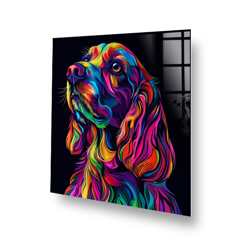 Colourful neon cocker spaniel splashback art with vibrant hues. On a black backgroud Side View
