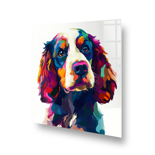 Colourful cocker spaniel artwork on a kitchen splashback. Side View