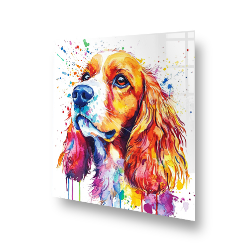 Vibrant cocker spaniel splashback art in colourful shades of orange, blue, red, yellow, and purple. Side View