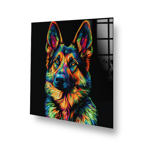 Neon German Shepherd splashback art with vibrant colours Side View
