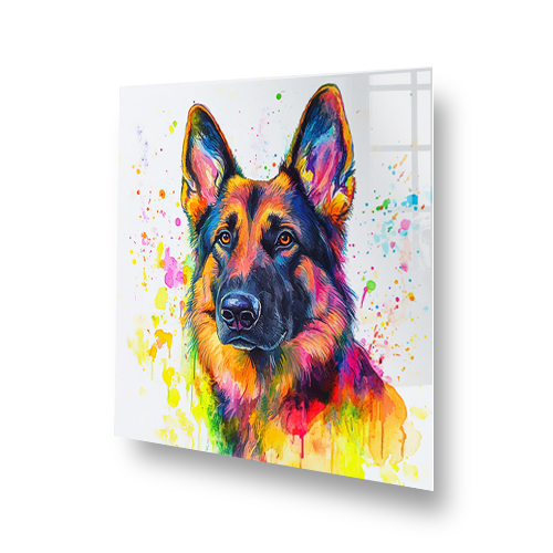 Vivid German Shepard splashback art with colourful splatters Side View