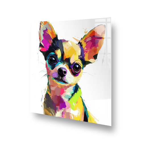 Colourful Cute Chihuahua splashback art with vibrant pink, yellow, blue, and black. Side View