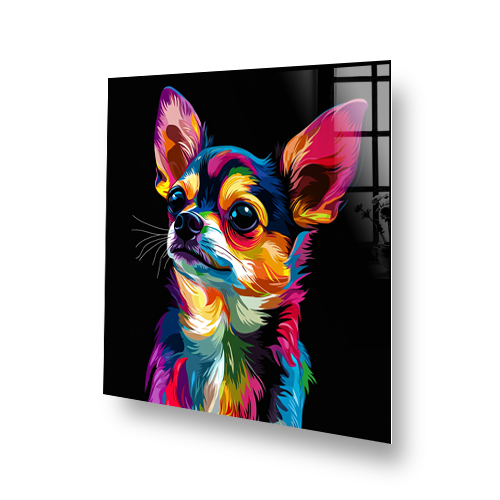 Colourful neon Chihuahua splashback art on a black background. Side View