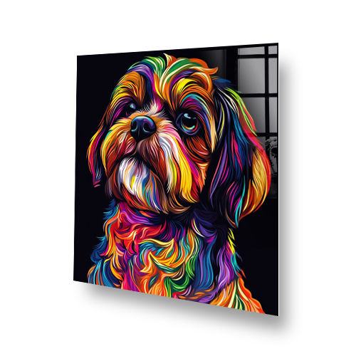 Colourful Shih-Tzu splashback art on kitchen wall Side View