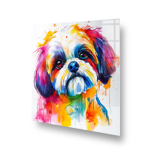 Colourful Shih-Tzu splashback art with vibrant reds, blues, yellows, and greens. Side View