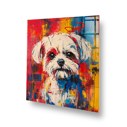 Graffiti style Shih-Tzu splashback with vibrant red, blue, and yellow colours. Side View