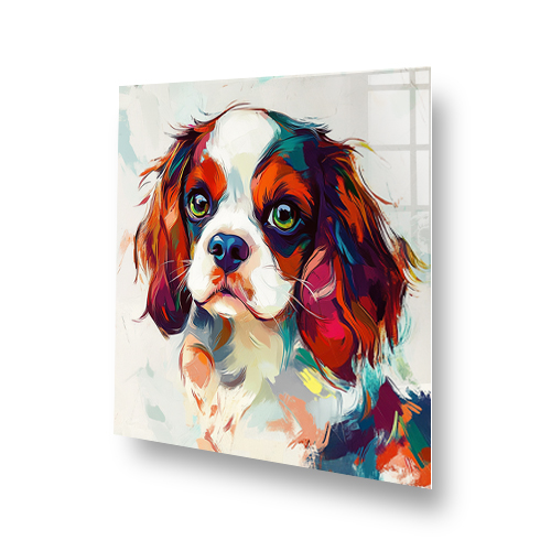 Colourful Cavalier King Charles Spaniel splashback art with red, blue, and orange hues. Side View