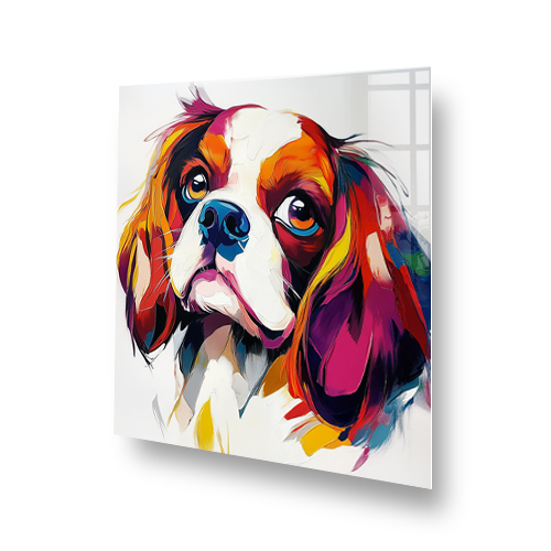 Colourful painterly Cavalier King Charles Spaniel splashback art. Side View