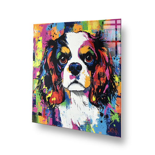 Graffiti style Cavalier King Charles Spaniel splashback with vibrant colours. Side View