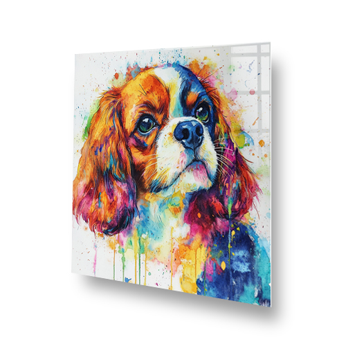 Colourful Cavalier King Charles Spaniel splashback art with vibrant orange, blue, green, and pink tones. Side View