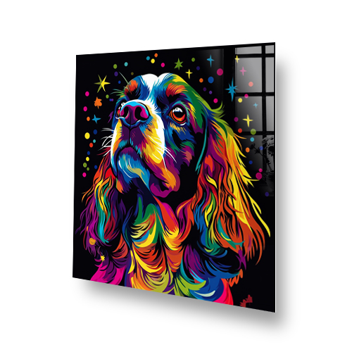 Colourful Cavalier King Charles Spaniel splashback with stars and dots Side View