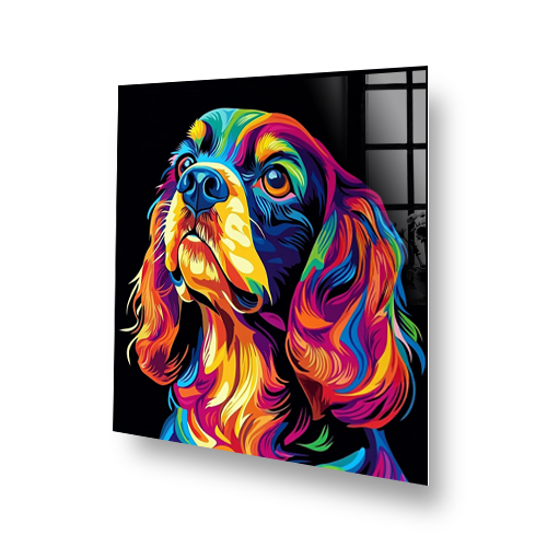 Colourful Cavalier King Charles Spaniel splashback art with neon hues. Side View