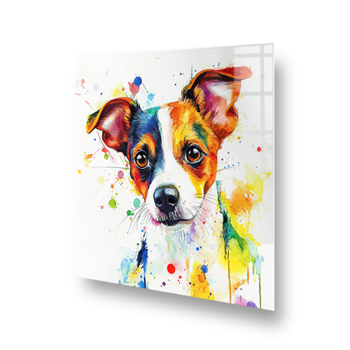 Colourful Jack Russell Terrier splashback art with vibrant splashes of red, orange, yellow, blue, and green. Side View