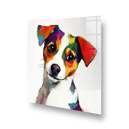 Colourful Jack Russell Terrier splashback art with vibrant red, orange, green, and blue tones. Side View