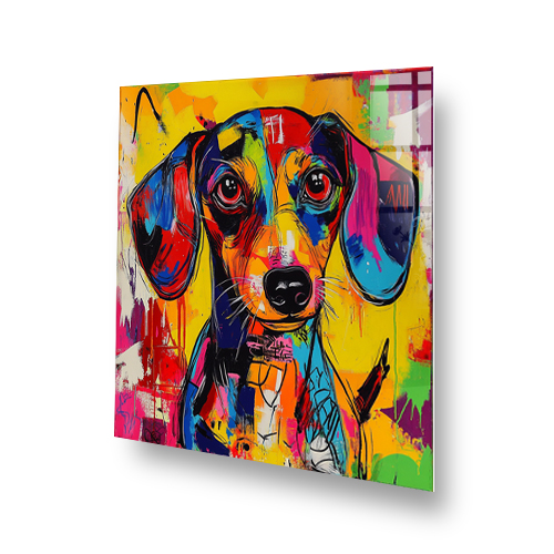 Colourful graffiti-style Dachshund splashback art with blue, orange, pink, red, and yellow. Side View