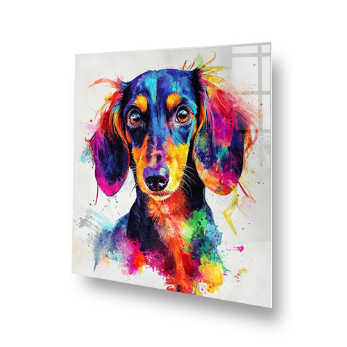 Dachshund splashback with vivid watercolour art in bright blues, oranges, purples, and yellows. Side View