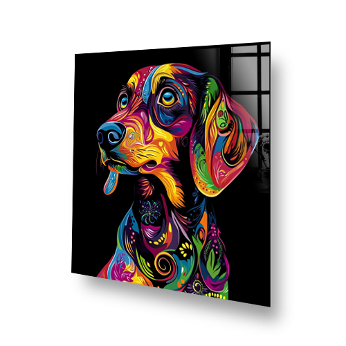 Colourful Dachshund splashback art with vibrant colours on black background. Side View