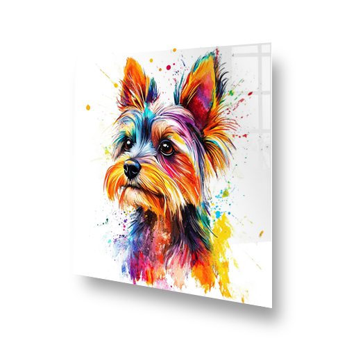 Colourful Yorkshire Terrier splashback art with vibrant colours. Side View