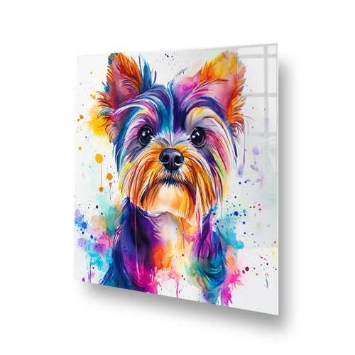 Vivid watercolour painting of a Yorkshire Terrier with colourful splashes. Side View