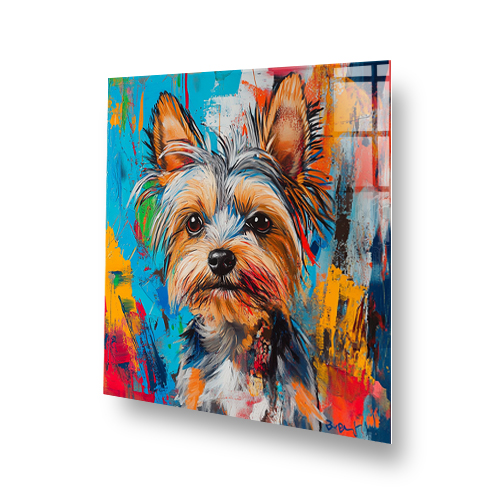 Colourful graffiti-style Yorkshire Terrier splashback art with blue, orange, red, and yellow background. Side View