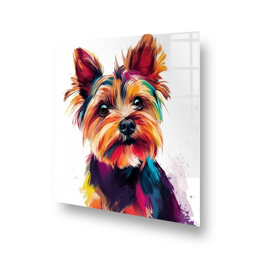Colourful Yorkshire Terrier splashback art with vibrant orange, purple, yellow, and blue hues. Side View