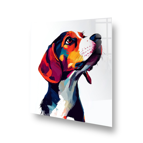 Colourful modern Beagle splashback art with bold oranges, blues, and reds. Side View