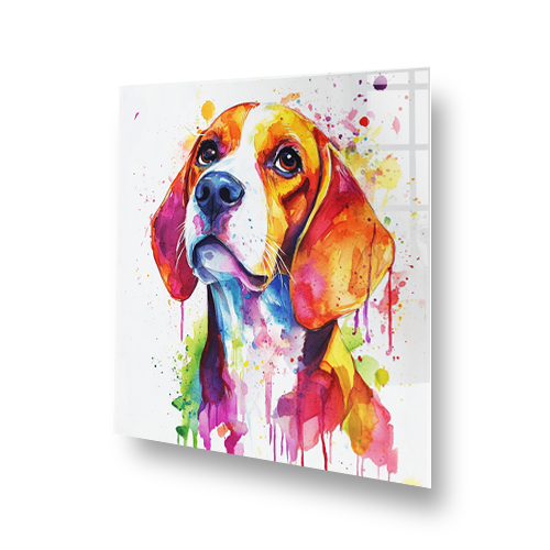 Vibrant watercolour Beagle splashback art with colourful splashes Side View