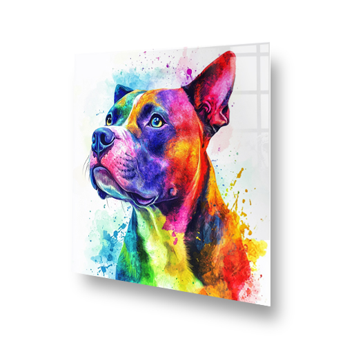 Vibrant abstract art of a Staffordshire Bull Terrier in blue, red, yellow, and green. Side View