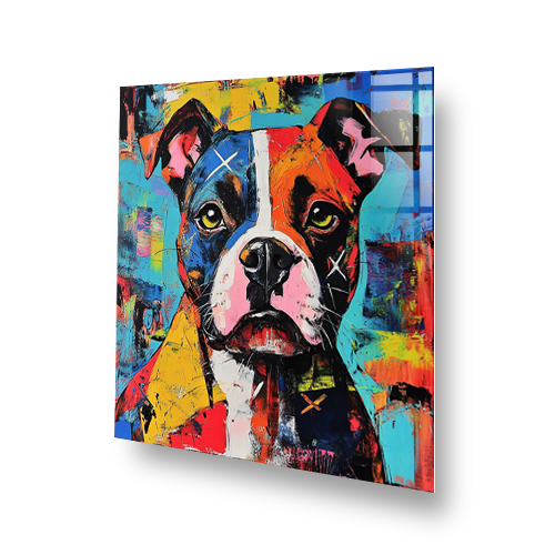 Colourful graffiti-style Staffordshire Bull Terrier splashback art. Side View